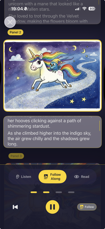 Story playback with follow-along narration