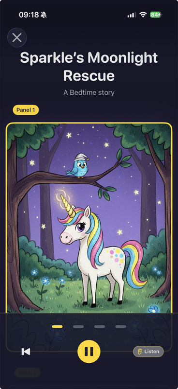 A narrated comic strip story generated from the drawing